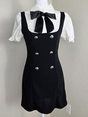 Retro Elegant Preppy Dress | Black/White w Tie Collar | XS